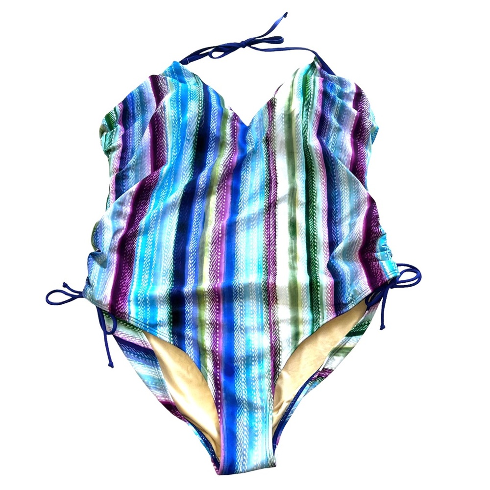 NWOT Swimsuit for All Adjustable Halter One Piece Inside Bra Pastel Stripe sz 22